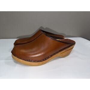 Bastad Toffeln Brown Leather Women’s Wooden Clogs Size EU 42 / US 12 Sweden Made
